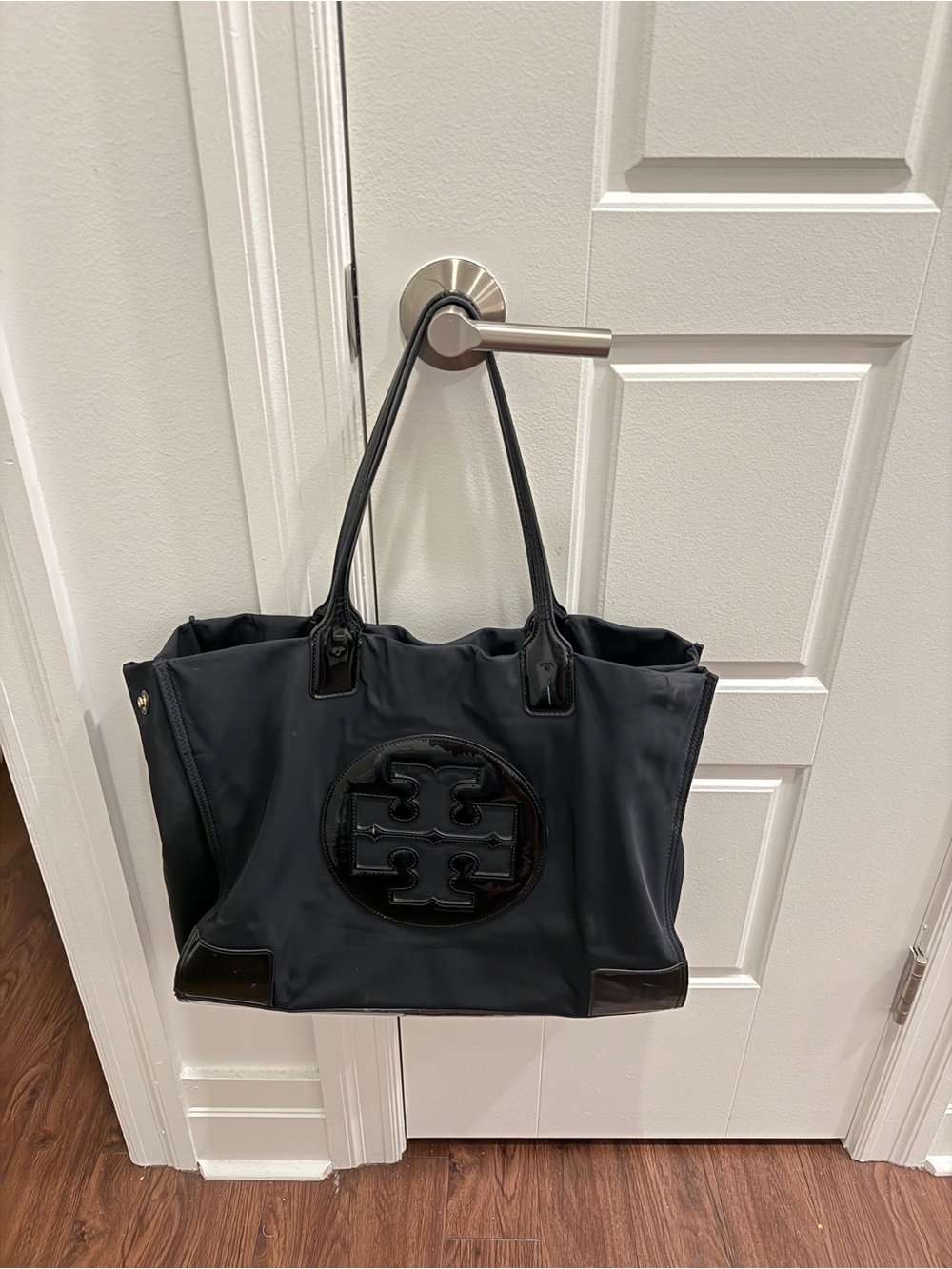 Tory Burch Black Nylon Logo Tote with Patent Trim